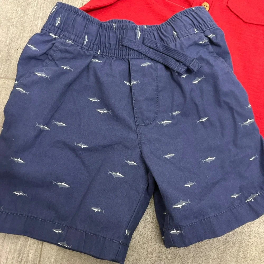 OshKosh B'gosh Toddler Boys‎ 2T Red Polo Shirt and Navy Shark Print Shorts Set